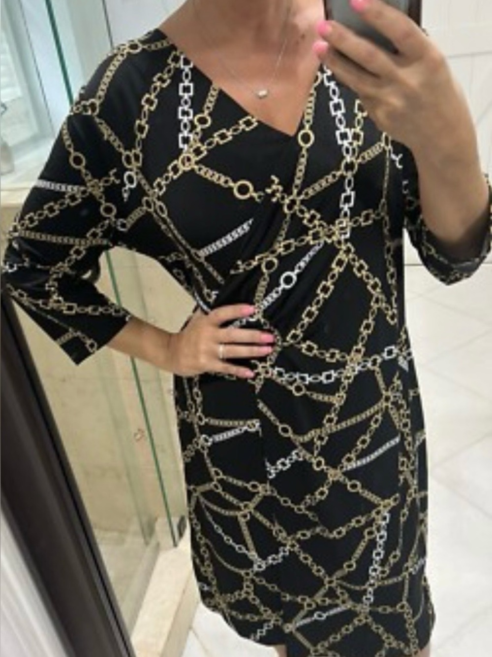 Chico's Black Faux Wrap Midi Dress with Gold Chain Print 0P
